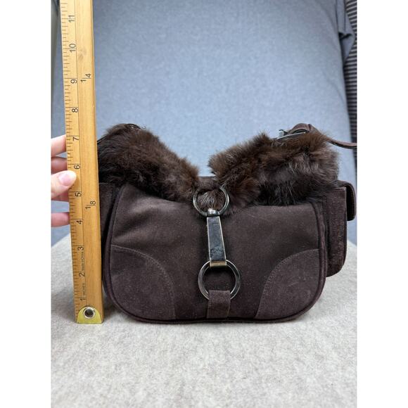 Stuart Weitzman Dark Brown Suede Fur Trim Shoulder Bag Front Clip - Picture 6 of 14